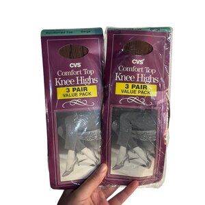 Vintage CVS Comfort Top Knee Highs Reinforced Toe Beige 3-Pair Pack NOS Lot of 2